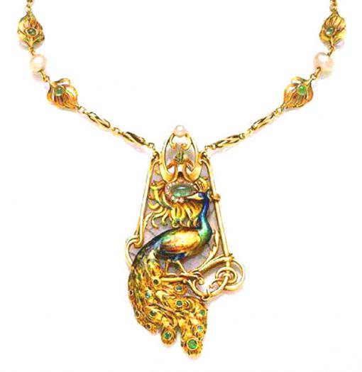Art Nouveau Gold, Enamel and Emerald Peacock Necklace