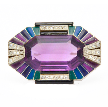 Art Deco Amethyst, Diamond and Enamel Brooch