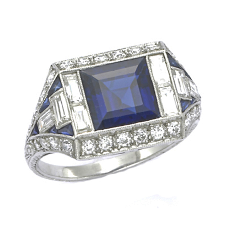 Art Deco Square Sapphire, Diamond and Platinum Vintage Ring