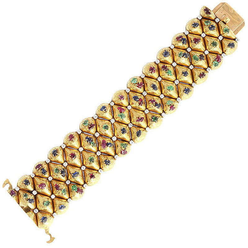 Boucheron, Paris Vintage Gold Bracelet with Rubies, Sapphires, Diamonds and Emeralds