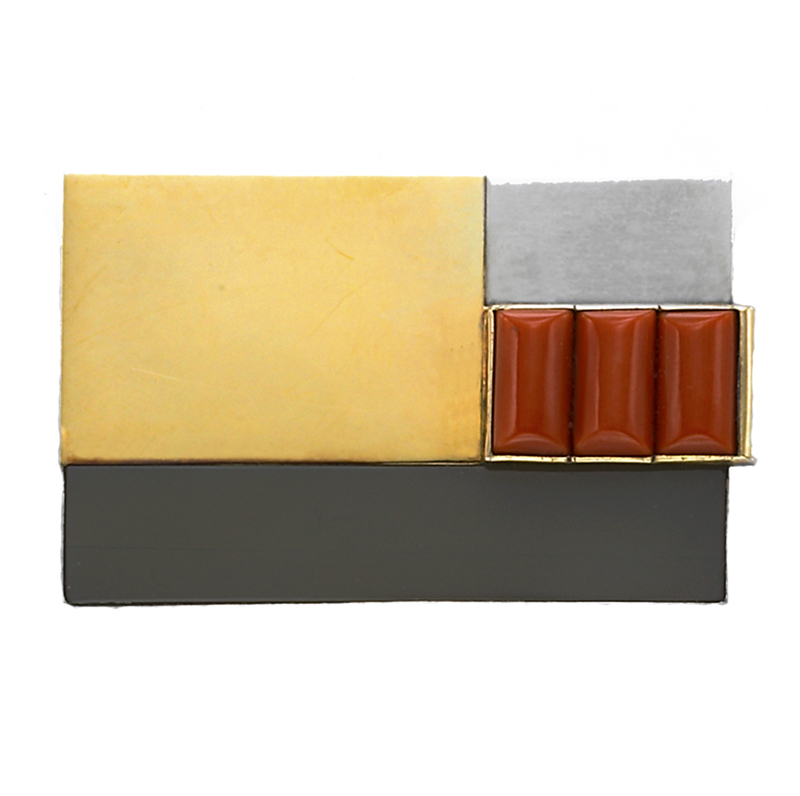 Jean Despres Silver, Gold, Onyx and Coral Brooch