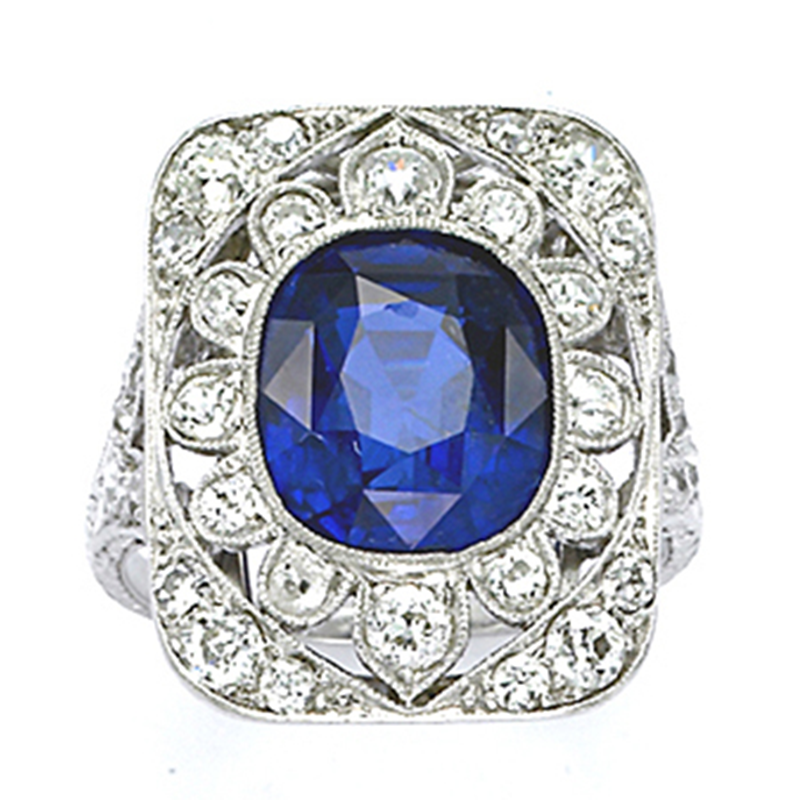 Round Sapphire, Platinum and Diamond Vintage Ring