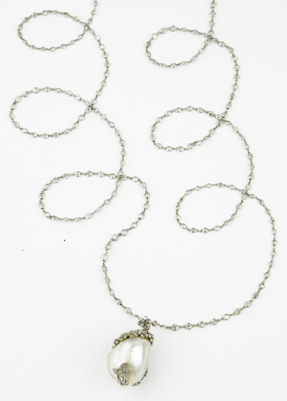 Edwardian Large Large Diamond-Mounted Natureal Baroque Pearl on Diamond Chain