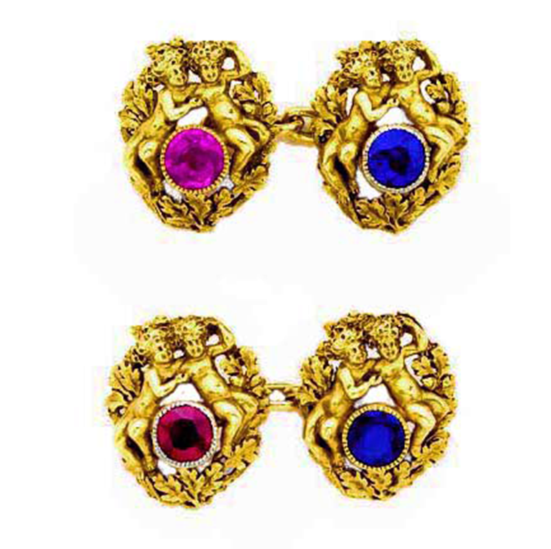 Plisson and Hartz Antique Cherub 18k Gold Cufflinks with Ruby and Sapphire