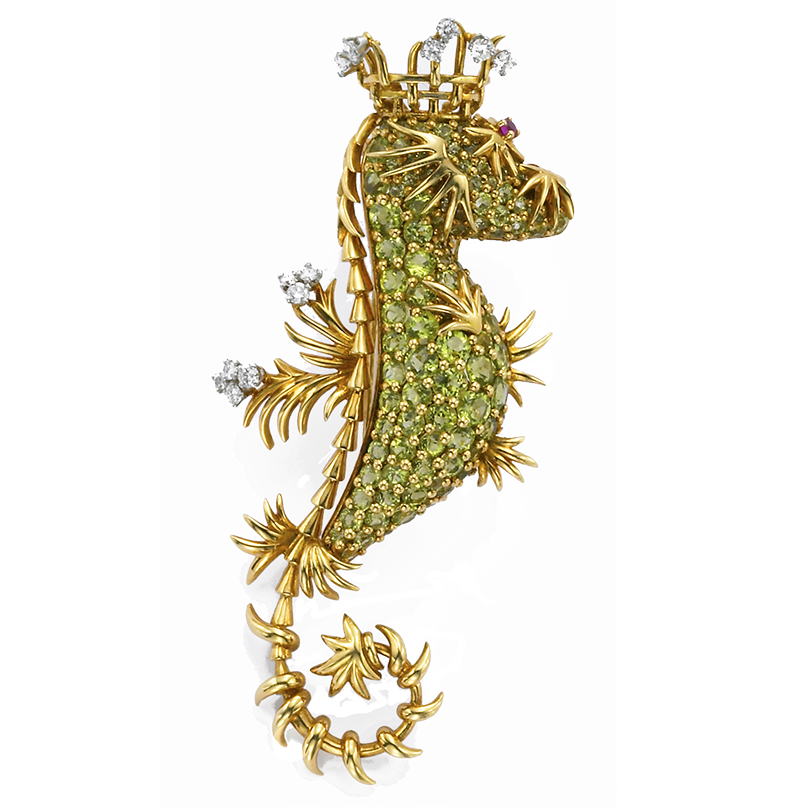 Schlumberger for Tiffany Vintage Gold and Peridot Sea Horse Brooch