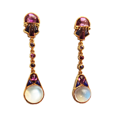 Marie Zimmerman Rare Moonstone and Enamel Pin and Earrings