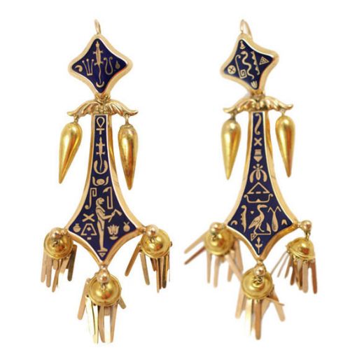 Vintage Egyptian Revival Gold and Enamel Earrings