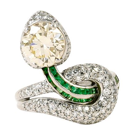 Vintage Art Deco Serpent Platinum, Diamond and Emerald Ring