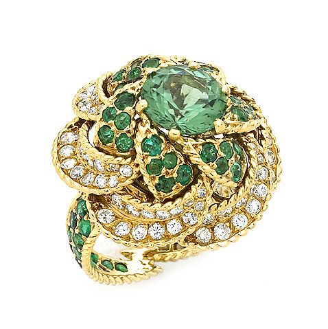 Sterlé, Paris Vintage Diamond, Emerald and Tourmaline Ring c.1950s