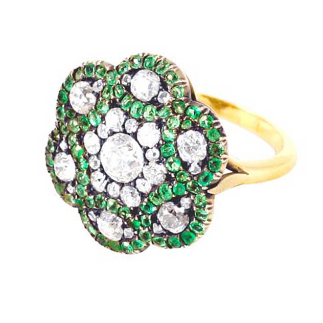 Victorian Diamond and Demantoid Garnet Flower Ring