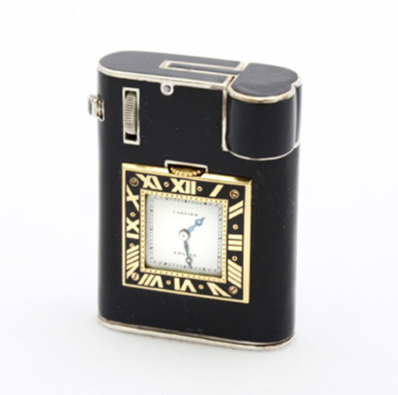 Cartier, Paris Art Deco Gold, Silver and Lacquer Lighter and Watch