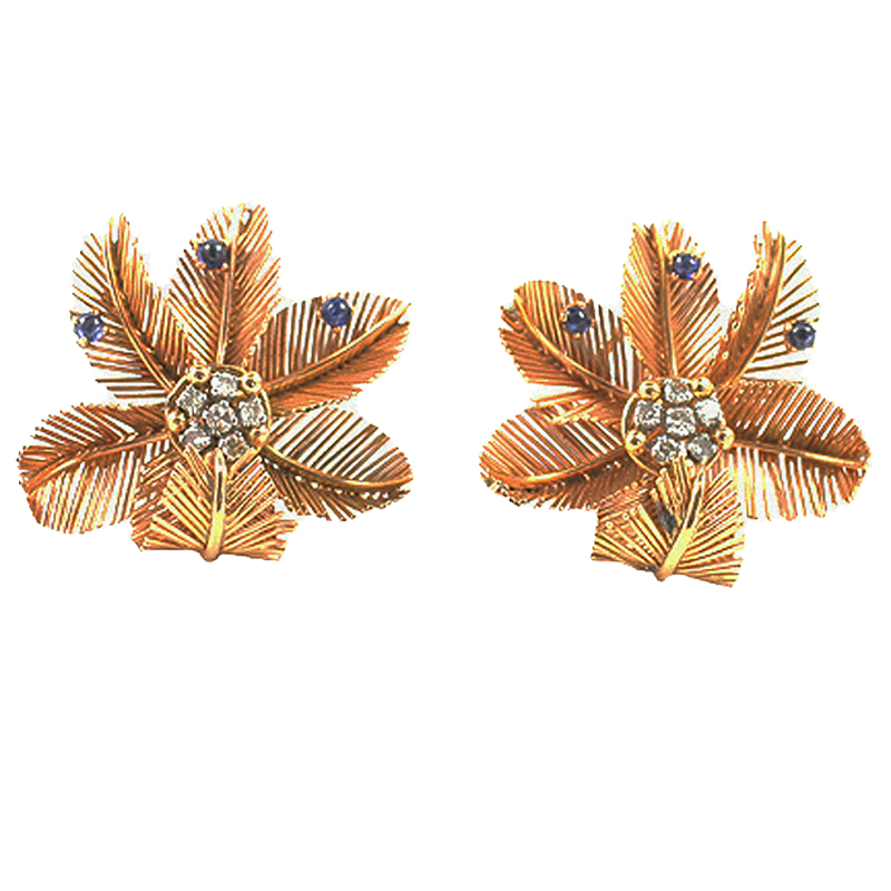 Gold, Diamond and Sapphire 1940's Feather Earrings