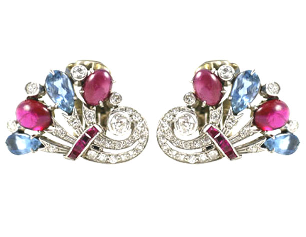 Art Deco Ruby, Sapphire and Diamond Earrings