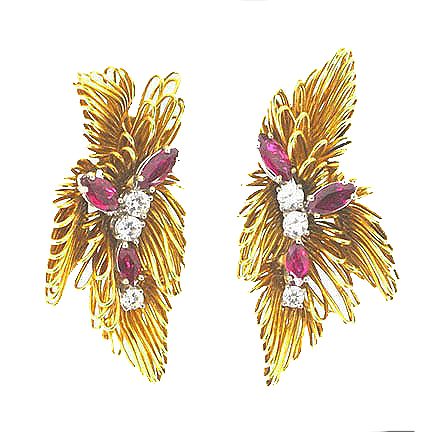 Gold, Ruby and Diamond 1940's Feather Earrings