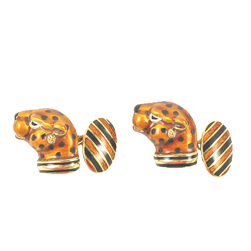 Leopard Head Gold and Enamel Cuff-Links By Frescobaldi