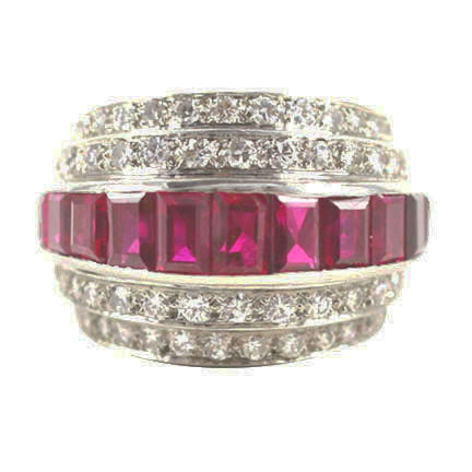 Art Deco French Diamond, Platinum and Ruby Ring