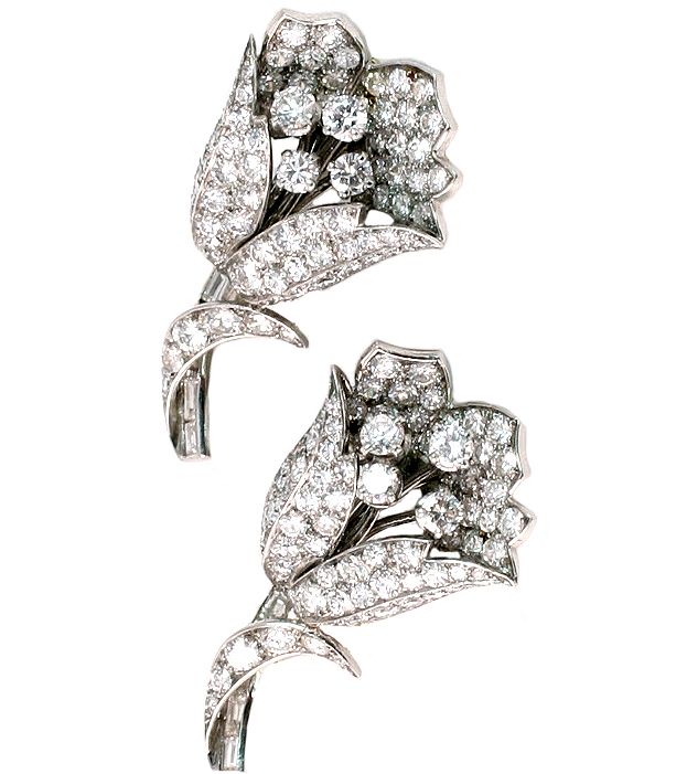 French Flower Brooches in Platinum and Diamonds