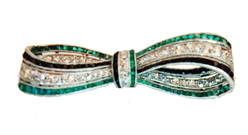 Art Deco Emerald, Onyx and Diamond Bow Brooch