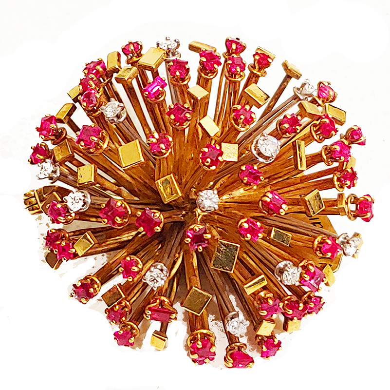 Andrew Grima Ruby, Diamond and 18k Gold Starburst Brooch
