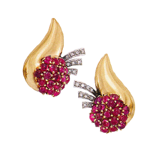 Stylish Vintage 18k Gold, Ruby and Diamond earrings c 1940's.