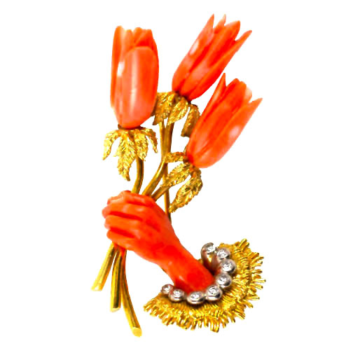 French 18k Gold, Coral and Diamond Flower Brooch c 1950's