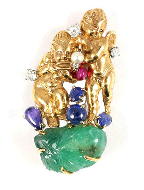 Seaman Schepps Cupids Brooch 19k Hold, Emerald, Diamonds, Rubies, Sapphires C 1960