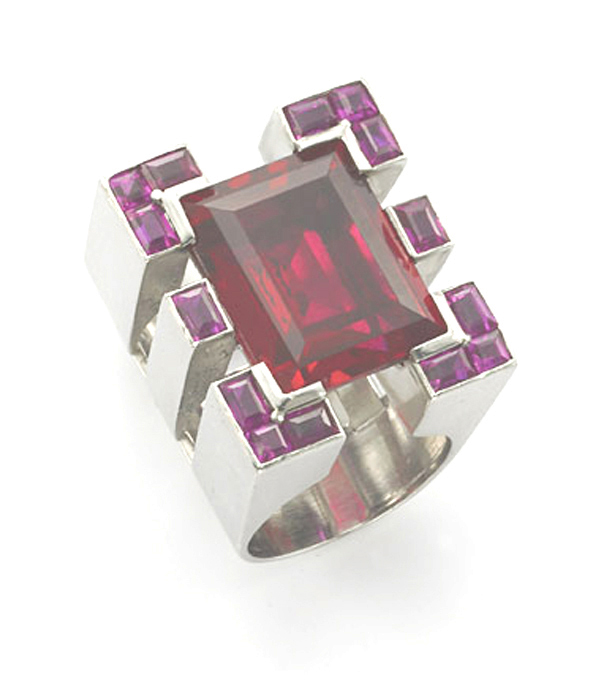 French Art Deco Platinum and Ruby Ring c 1925