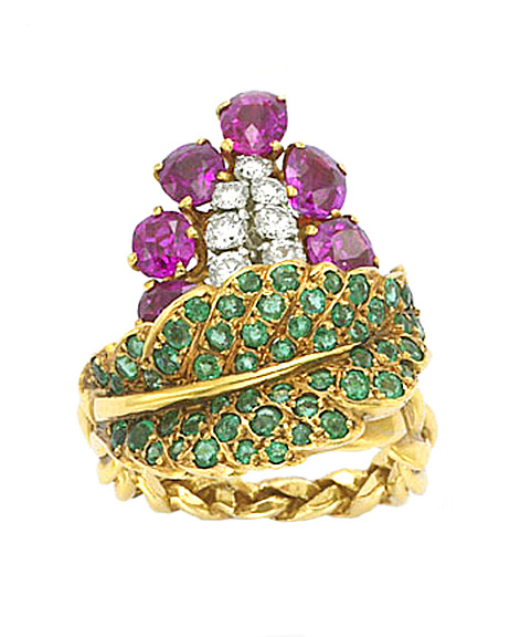 Floral Ring, 18k gold with Diamonds, Rubies and Emeralds c 1955
