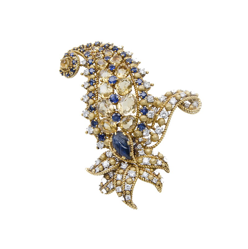 Tiffany & C0 France 18k, Yellow and Blue Sapphire, Citrine and Diamond pin c 1950s.