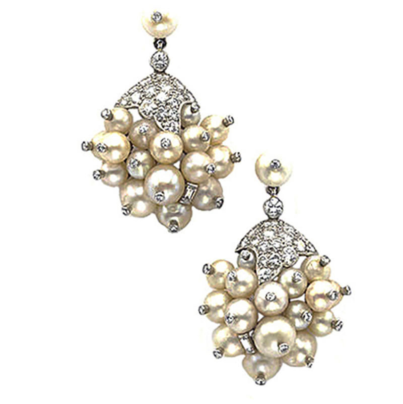 Pearl, Gold and Diamond Cluster Earrings