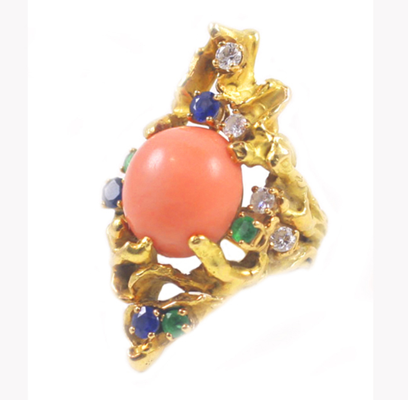 Mid-century Chaumet Ring 18k Gold Coral Jade French Modernist