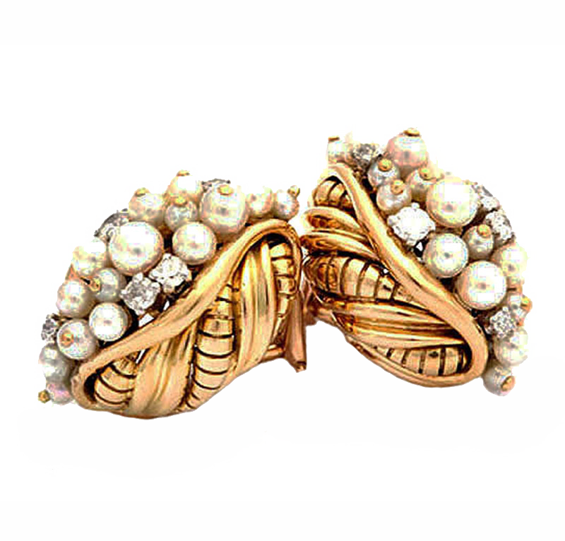 Pearl, diamond and gold earrings