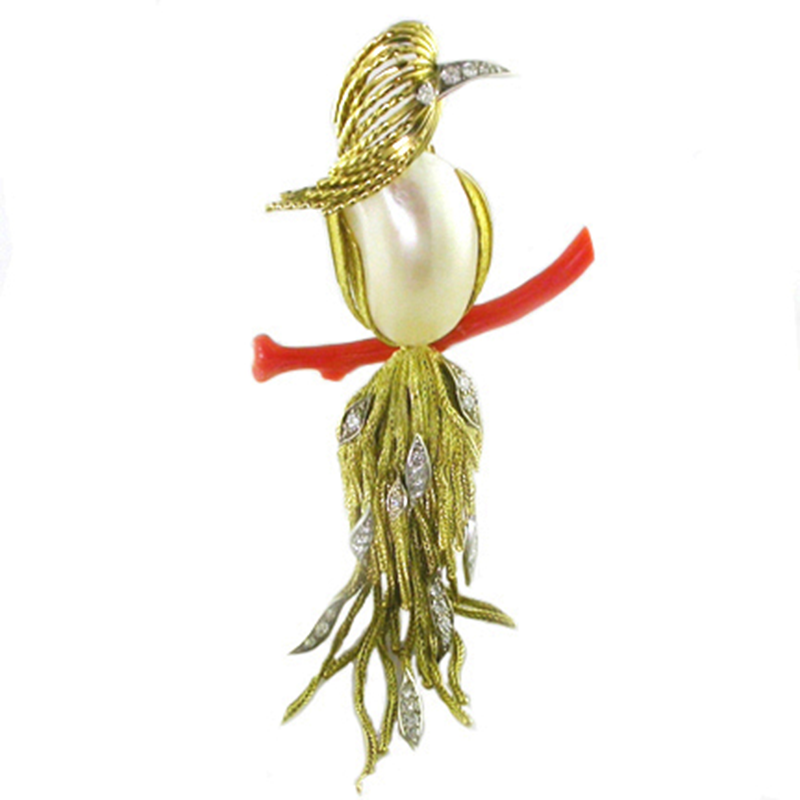 Sterle, Bird brooch, 18K gold, pearl, coral