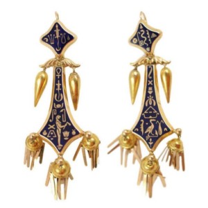 VINTAGE VICTORIAN EGYPTIAN REVIVAL GOLD AND ENAMEL EARRINGS