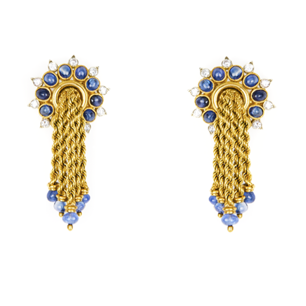 Marchak gold, sapphire and diamond fringe earrings.