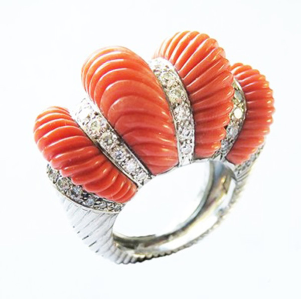 Cartier platinum, coral and diamond Ring