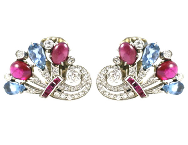 Deco-Ruby-and-Sapphire-Bouquet-Earrings