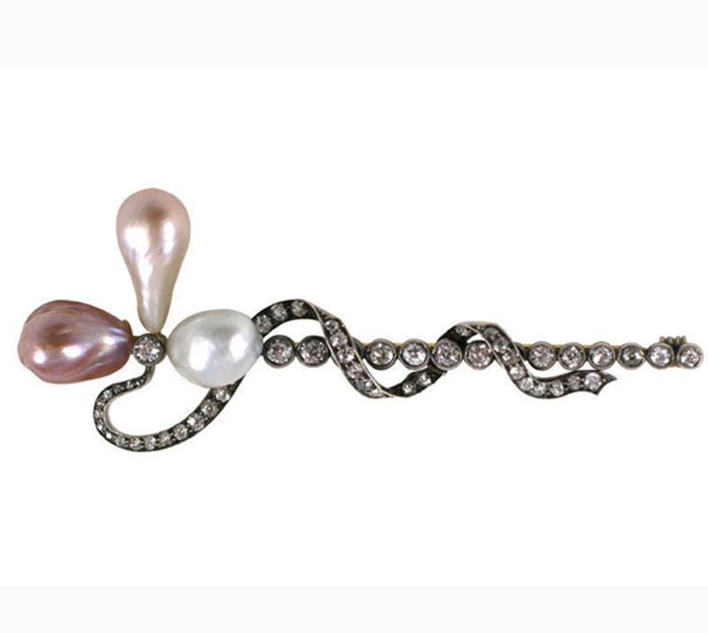 Natural pearl and diamond brooch