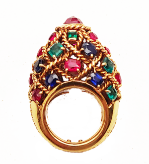 Cartier gold, ruby, sapphire and emerald rig