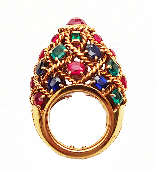 Cartier gold, ruby, sapphire and emerald rig