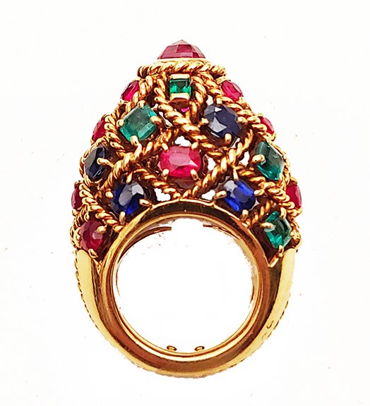 Cartier gold, ruby, sapphire and emerald rig